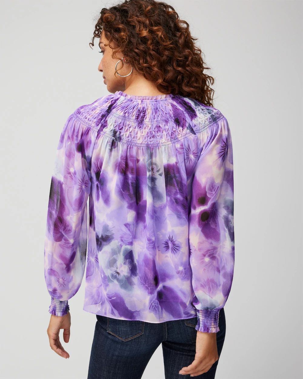 Long Sleeve Smocked Printed Blouse | White House Black Market